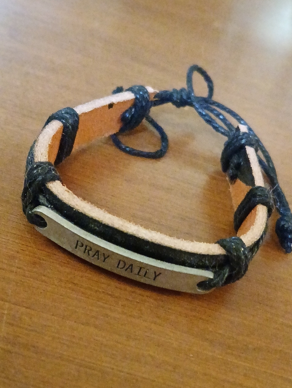 Pray Daily Adjustable Black Leather Cord Bracelet